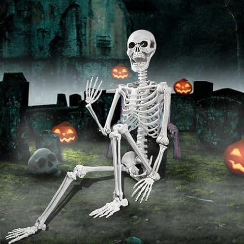 OZMI 5.4 Ft Life Size Skeleton Halloween Decoration, Posable Skeleton Full Size Large Skeleton Halloween Decor, 65 Inch Realistic Plastic Skeleton for Yard Graveyard Party Outdoor Outside Decorations Cover