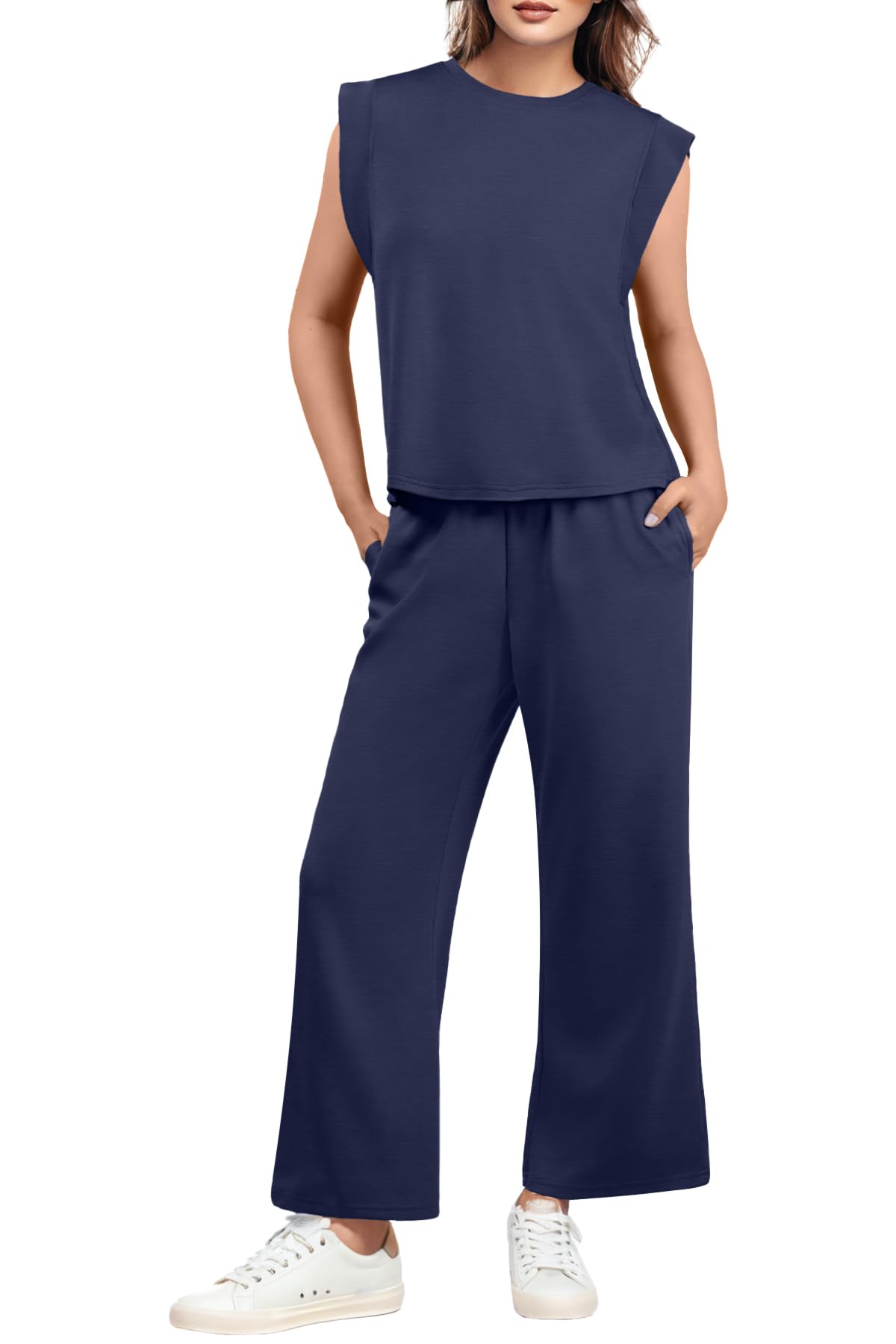 GRECERELLE 2025 Two Piece Sets for Women Summer Round Neck Cap Sleeve Top and Wide Leg Pants with Pockets