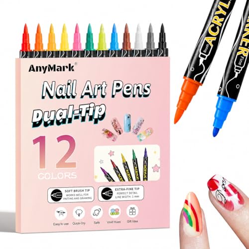 AnyMark 12 Colors Nail Art Pens Set Dual Tip Nail Polish Pens Quick-Dry Acrylic Paint Markers Dotting & Liner Brush for DIY 3D Nail Art Design Manicure Tools