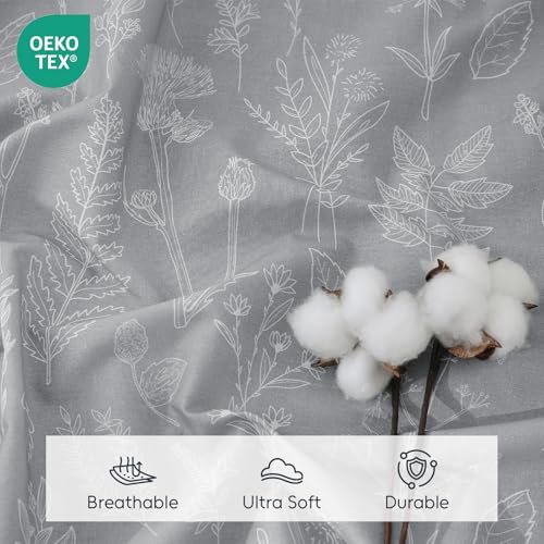 Image of 100% Natural Cotton Percale Sheets Set,Queen Size 4 PC, Breathable&Durable Hotel Quality Bedding, 16 inch Deep Pocket Botanical Floral Bedsheets,Gray