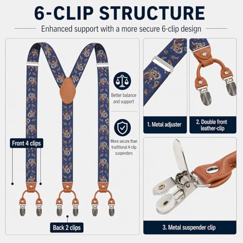 Image of Men's Heavy Duty Y-Back Suspenders, 6 Strong Metal Clips Adjustable Elastic Straps for Work, Tuxedos, and Daily Wear