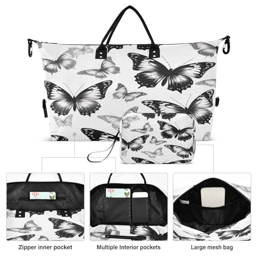 Travel Duffel Bag Large Weekender Overnight Bags for Women Men, Black White Butterflies Gym Bag with Toiletry Bag2