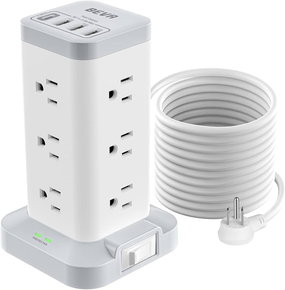 BEVA Power Strip Tower with USB Ports, 16 in 1 Surge Protector Tower, 12 AC and 4USB Ports, 10 FT Extension Cord with Multiple Outlets, Power Tower Charging Station for Office Supplies(White)