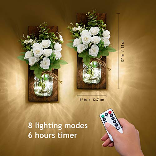 RS-Sunlight-Rustic-Mason-Jar-Wall-Sconce-with-String-LED-Lights-Farmhouse-Wall-Decor-for-Bedroom-Living-Room-Bathroom-Two-Remote-Controls-White-Rose-Bouquet-Set-of-2