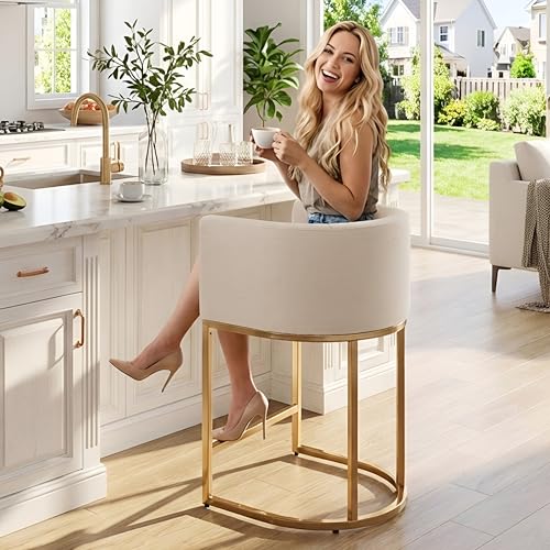 Image of HNY Modern Counter Height Linen Cream Fabric Upholstered Counter Stool, 24 Inch Kitchen Island Stool with Gold Metal Frame