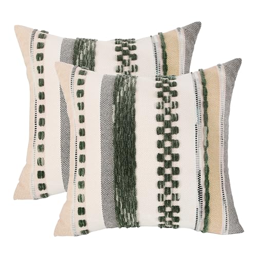 Tosleo Boho Throw Pillow Covers 18x18 Inch Set of 2 Dark Green Striped Chenille Pillowcases Square Decorative Cushion Covers for Sofa Couch Bed Living Room Farmhouse Decor