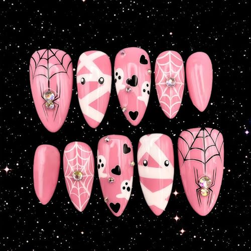 24Pcs Halloween Press on Nails Cute Ghost Fake Nails Long Almond with Black and White Spider Web Pattern and Rhinestones False Nails Full Cover Pink Stick on Nail for Women Holiday DIY Nail Decoration