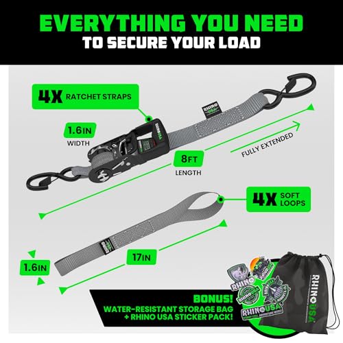 Image of Rhino USA Heavy Duty Ratchet Tie Downs (4-Pack) - 1.6in x 8ft, 5,000lb
