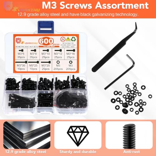 Image of DIANZHU M3 Allen Bolts Assortment Kit 600 Pcs 12.9 Tensile Hex Socket Head