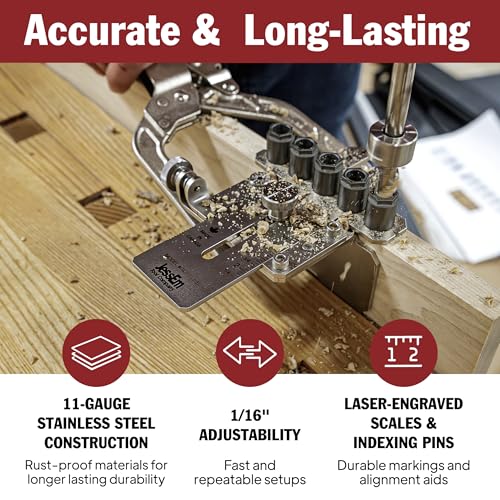 Image of JessEm 08358 Seasoned Pro Stainless Steel Dowelling Jig Complete Kit with 1 /4 inch, 3 /8 inch and 1 /2 inch Guides, Three Angle Bases, Wall Bracket, Precision Woodworking Joinery Tool
