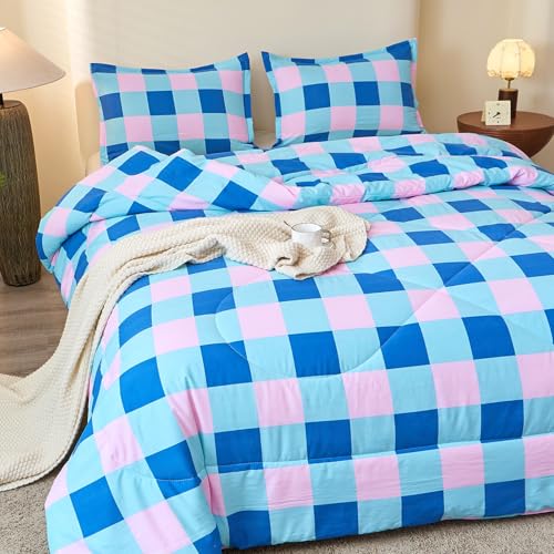 Image of Caressma Comforter Set Blue and Pink Checkered King Size, 3 Pieces Buffalo Grid Comforter Bedding Set, Geometric Checkered Bedding with Pillowshams