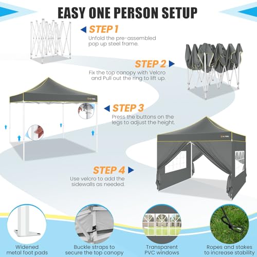 Image of HOTEEL Pop Up Canopy Tent 10x10 with Sidewalls, Commercial Instant Waterproof Canopy for Vender Patio, UV 50+ with Silver Coated, Upgraded Thickened Hexagonal Legs, Gray