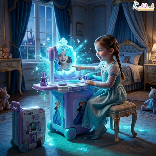 Image of Frozen Dressing Set for Girls - Elsa & Anna Pretend Play Beauty Makeup Kit with Trolley, Lights & Music, 15 Pcs Educational Styling Toy | Birthday Gift for Kids Age 3+, Turkish Blue