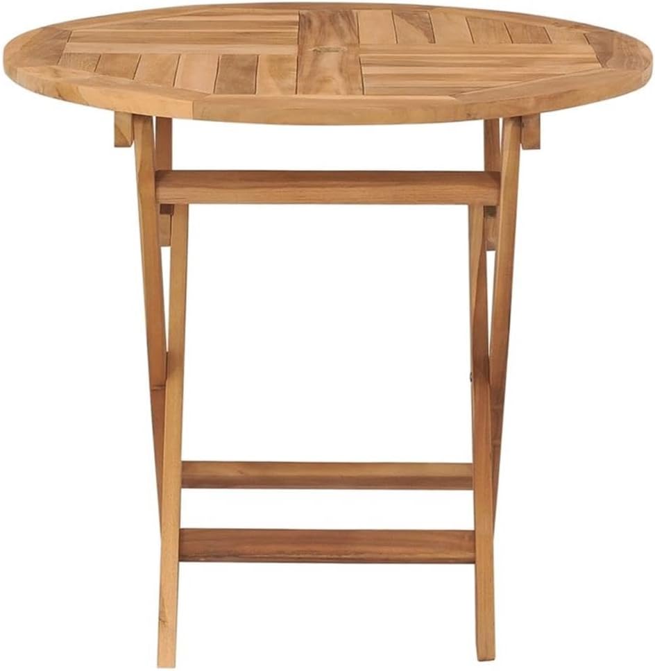 BOWERY HILL Foldable Teak Wood Dining Table, 33.5 x 33.5 x 29.9 in, Sandblasted Warm Brown Finish, Round Compact Patio Table, UV and Water Resistant Outdoor Garden Furniture for 4 People