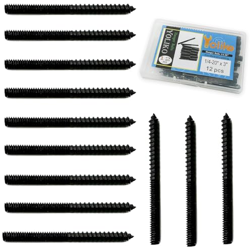 Image of 12 Pack 1 /4-20 x 3 Inch Black Hanger Bolts - Double Headed, Carbon Steel, 1 /4-20 inch Double Screw, Wood Dowel Screw