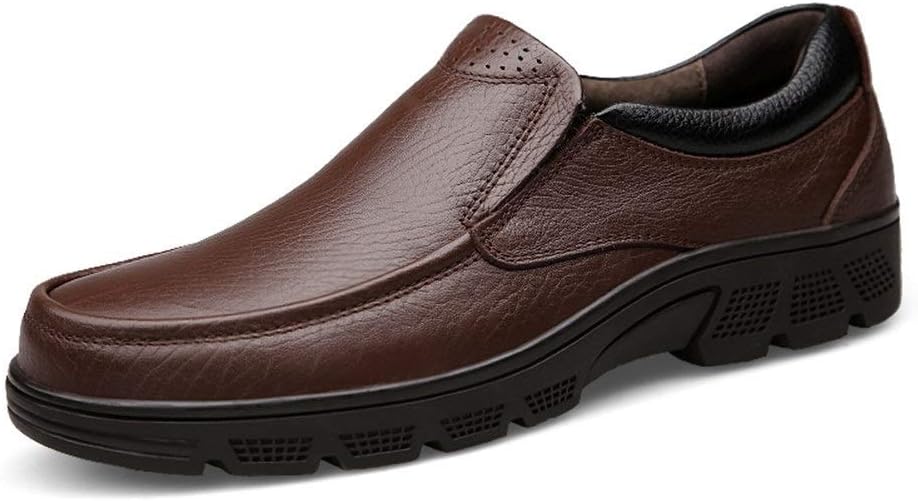 Dress Shoes for Men Slip On Round Apron Toe Cowhide Block Heel Anti-Slip Non Slip Outdoor