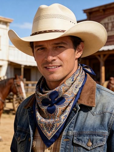 Image of 35 inch Men's Silk Cowboy Scarf - Oversized Western Bandana Neckwear, Large Square Scarf with Gift Packaging