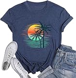 Hawaiian Shirts Women Palm Trees Shirt Hawaii Sunset Graphic Tees Summer Beach Tops Vacation Camping Outfits Dark Blue M