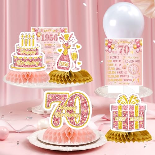 Image of 70th Birthday Decorations for Women, 7 Pcs Pink Rose Gold Back in 1956 Happy 70th Birthday Honeycomb Centerpieces Table Decorations for 70 Year Old Bday Party Favors Supplies
