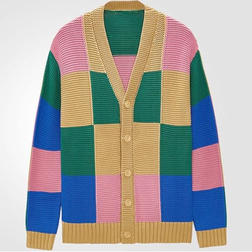 Mens Shawl Collar Color Block Sweater V Neck Button Up Knit Cardigan Vintage Knitt Patchwork Cardigans2