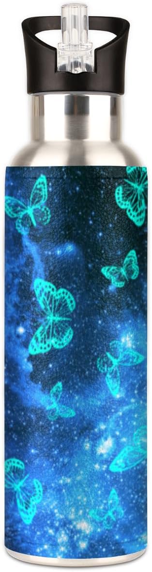Insulated Stainless Steel Water Bottle with Straw 20oz Navy Blue Space Galaxy Butterfly Sports Water Bottles BPA Free Leakproof Metal Vacuum Flask Jug for Kids Gym Fitness