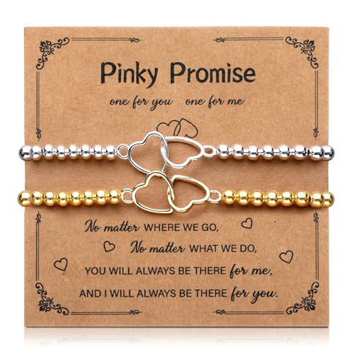 Hinly Pinky Promise Matching Bracelet for Couples Beaded Stretch Handmade Double Heart Valentine Charm Bracelet with Card for Women Men Him Her Relationship Friendship Jewelry Valentine Gift