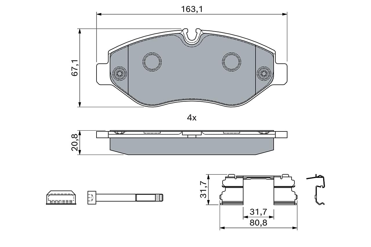 Bosch BP1031 - Plaquettes de Frein Avant pour Voiture - Jeu de 4 | Qualité Bosch - Réduction du Bruit et de la Poussière - Certifié ECE-R90 - Sans Cuivre - Avec Accessoires