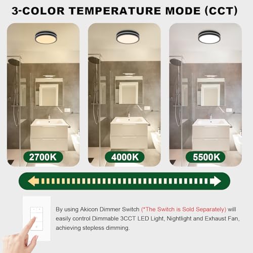 Image of Akicon Bathroom Exhaust Fan with Light, 80 CFM 2.0 Sones Bathroom Fans for Ceiling, 3CCT 15W Dimmable LED Light and 3.5W Nightlight Vent Fan Combo for Home, Round, Black