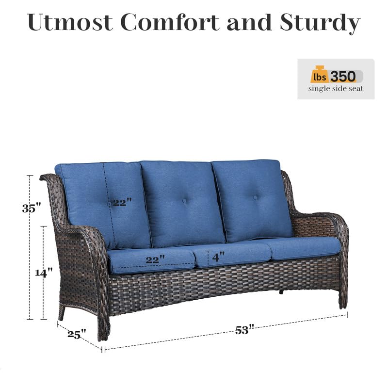 Image of Rilyson 3 Seat Outdoor Wicker Couch, Rattan Patio Sofa, Blue Cushions | High Back and Deep Seating, All Weather, Water-Resistant, Removable Cover, Stain-Resistant, for Garden Backyard Deck