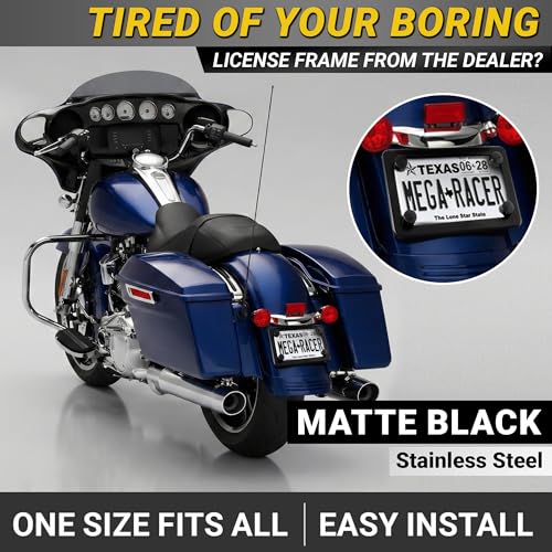 Image of Premium Motorcycle Matte Black License Plate Frame, Rust-Free Stainless Steel, Rattle-Free Thin Metal & Street Legal, Universal Fit Tag Holder for Harley Davidson, Bike, Scooter, Porta Placa Para Moto