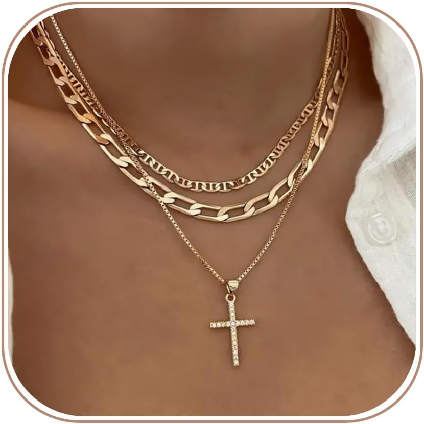 Collar de cruz para mujer, apilable, apilado, en capas, collar de oro delicado, caja de clip, cadena plana marinera, colgante de cruz, circonita cúbica, regalo de joyería simple