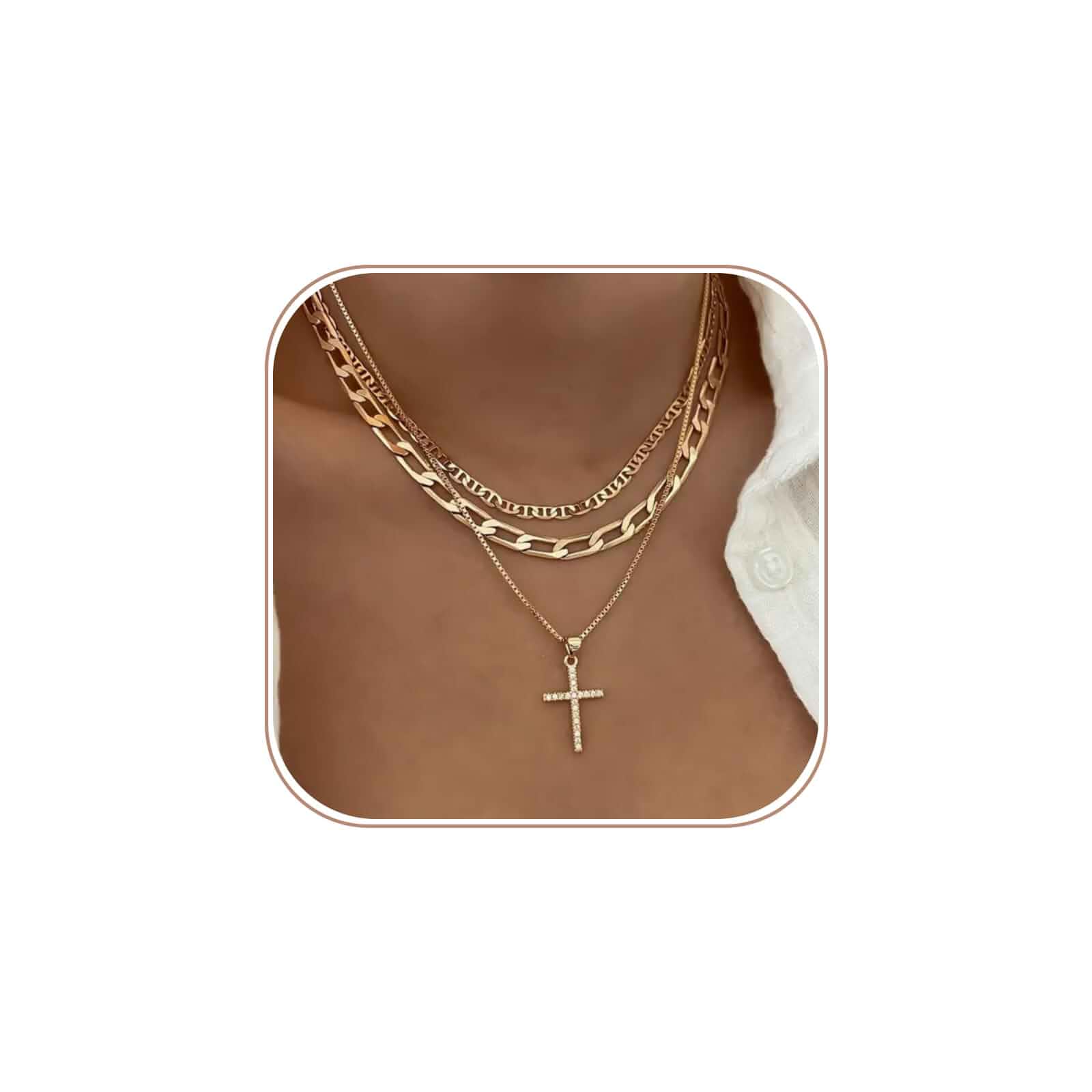 Cross Necklace for Women Stack 14K Gold/Silver Plated Layered Necklace Dainty Gold/Silver Necklace Set Paperclip Box Flat Mariner Chain Necklace Cross Pendant CZ Diamond Simple Jewelry Gift