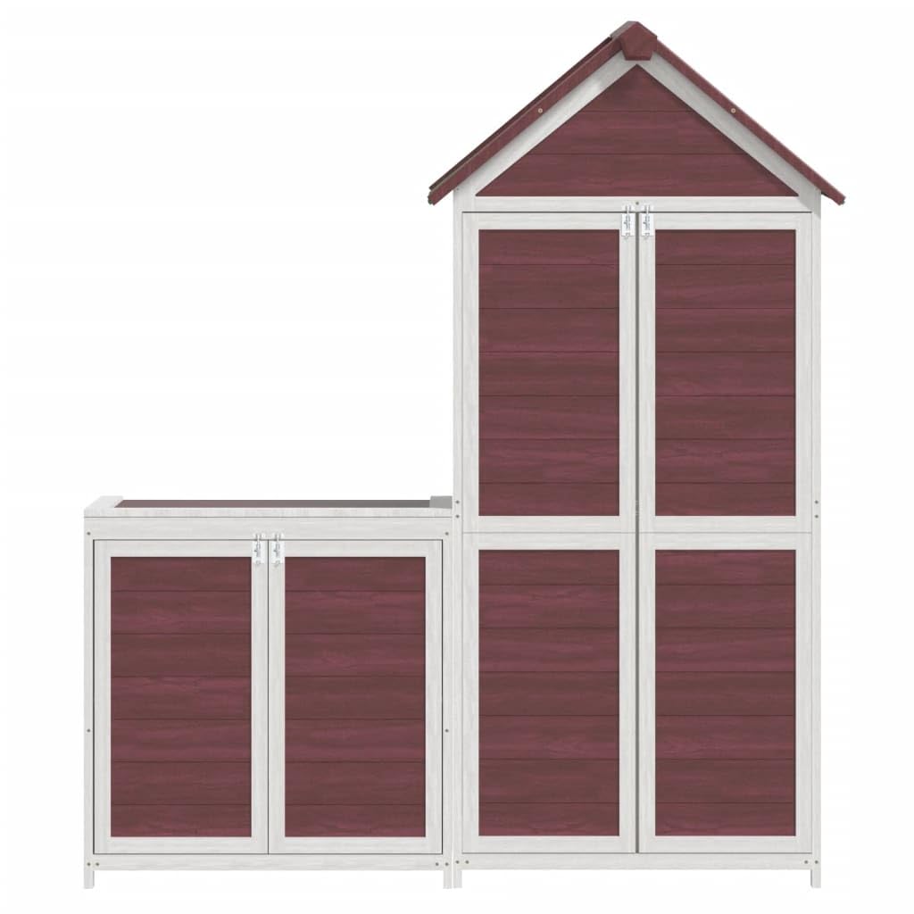 Juego de 2 cobertizos de madera maciza de pino moca para herramientas de jardín con techo impermeable y soporte de pared, almacenamiento organizado para herramientas y herramientas de cuidado del