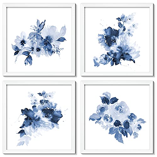 ArtbyHannah 10x10 Framed Navy Blue Wall Art Decor White Square Picture Frames Set of 4 For Wall Art Decor with Decorative Watercolor Floral Bouquet Prints for Gallery Wall Kit or Home Decoration