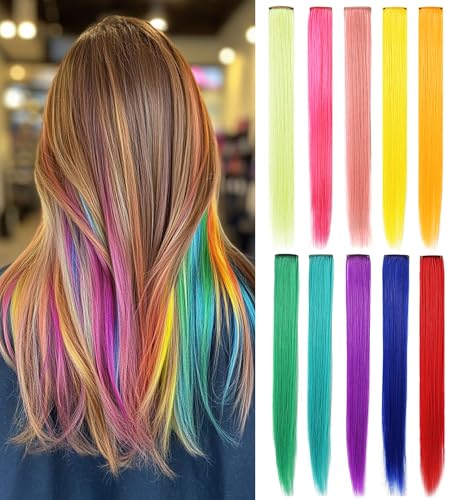 Rhyme 9 PCS Colored Hair Extensions Clip In 20 inch Straight Multicolored Hair Extensions Accessories For Girls Women Gift Party Highlights Wig Pieces (Rainbow Color)