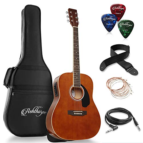 Ashthorpe Full-Size Dreadnought Acoustic-Electric Guitar Bundle - Premium Tonewoods - Brown