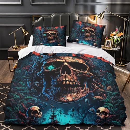 QHNZKJXPRL Crâne de Pirate Housse de Couette Imprimé en 3D Ultra Douce Confortable Dark Fantasy Parure de Lit Microfibre Hypoallergique Fermeture Éclair...