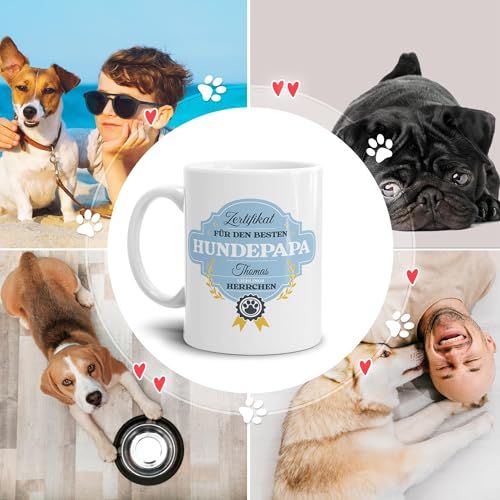 PfotenSchild Hunde-Tasse mit Foto und 2 Namen Zertifikat - Bester Hundepapa - Geschenk für Hundebesitzer zum Geburtstag | Personalisiertes Geschenk, 300 ml