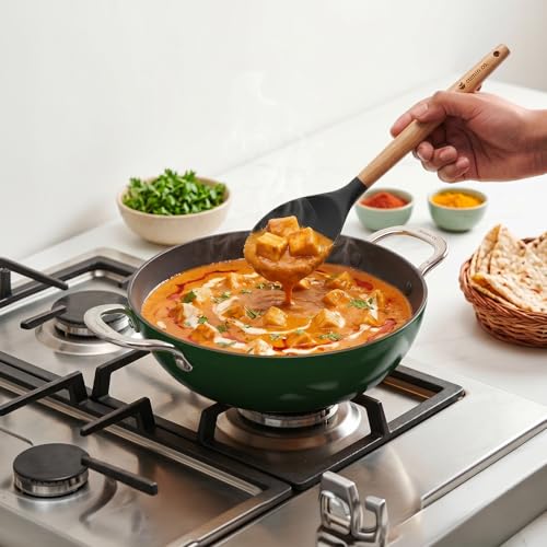 Image of CUMIN CO. Enamel Cast Iron Kadai LITE with Lid | 4L, 28 cm |5 Years Warranty | Non Toxic Heavy Bottom Kadhai for Frying | Induction & Gas Compatible | Chemical Free Coating | Green