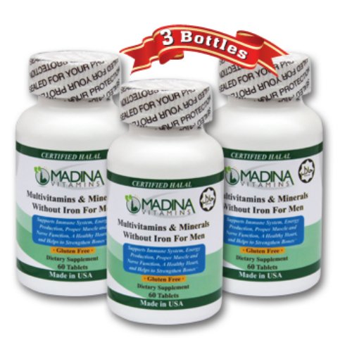 Madina Vitamins (3 Pack) Multivitamins and Minerals for Men without Iron with LYCOPENE Made in USA - Halal Vitamins