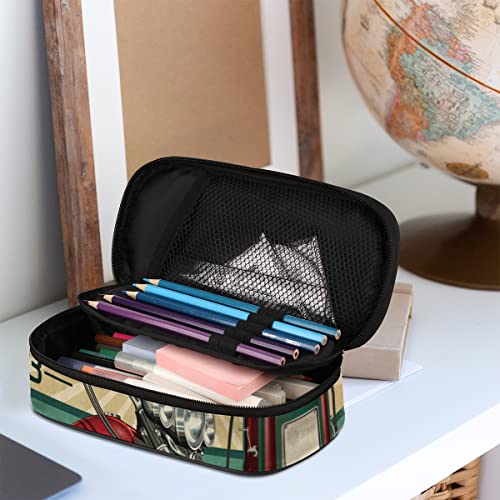 Image of Retro Motorcycle Poster Pencil Case Pen Holder Large Capacity Stationery Organizer Pen Bag with Zipper Pencil Pouch Makeup Brush Bag for Adult Teen Boy Girls Students School College Work Office