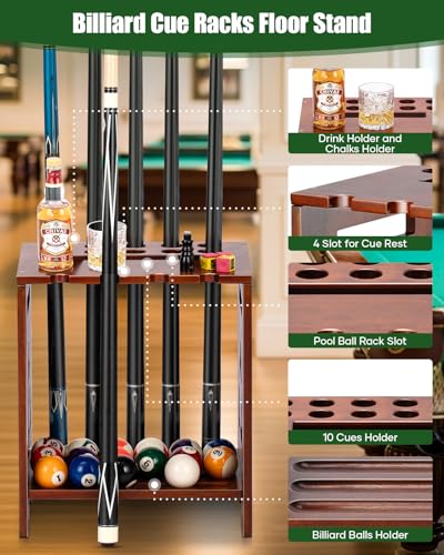 EXTCCT Pool Stick Holder Floor Stand - Hardwood Solid Wood Pool Cue Rack for 10 Cues, Billiard Cue Holder with Pool Table Accessory Organizer for Game Room or Home Bar(brown - Image 4