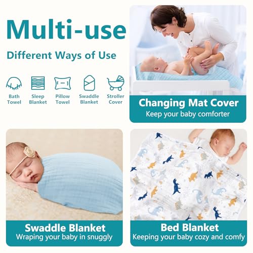 Image of PHF 2 Pack Baby Hooded Towels, 100% Muslin Cotton Baby Bath Towel with Hood for Newborn, Infant, Toddler, Ultra Soft and Absorbent Baby Essentials Bath Towels for Boys, 32x32Inch, Dinosaur