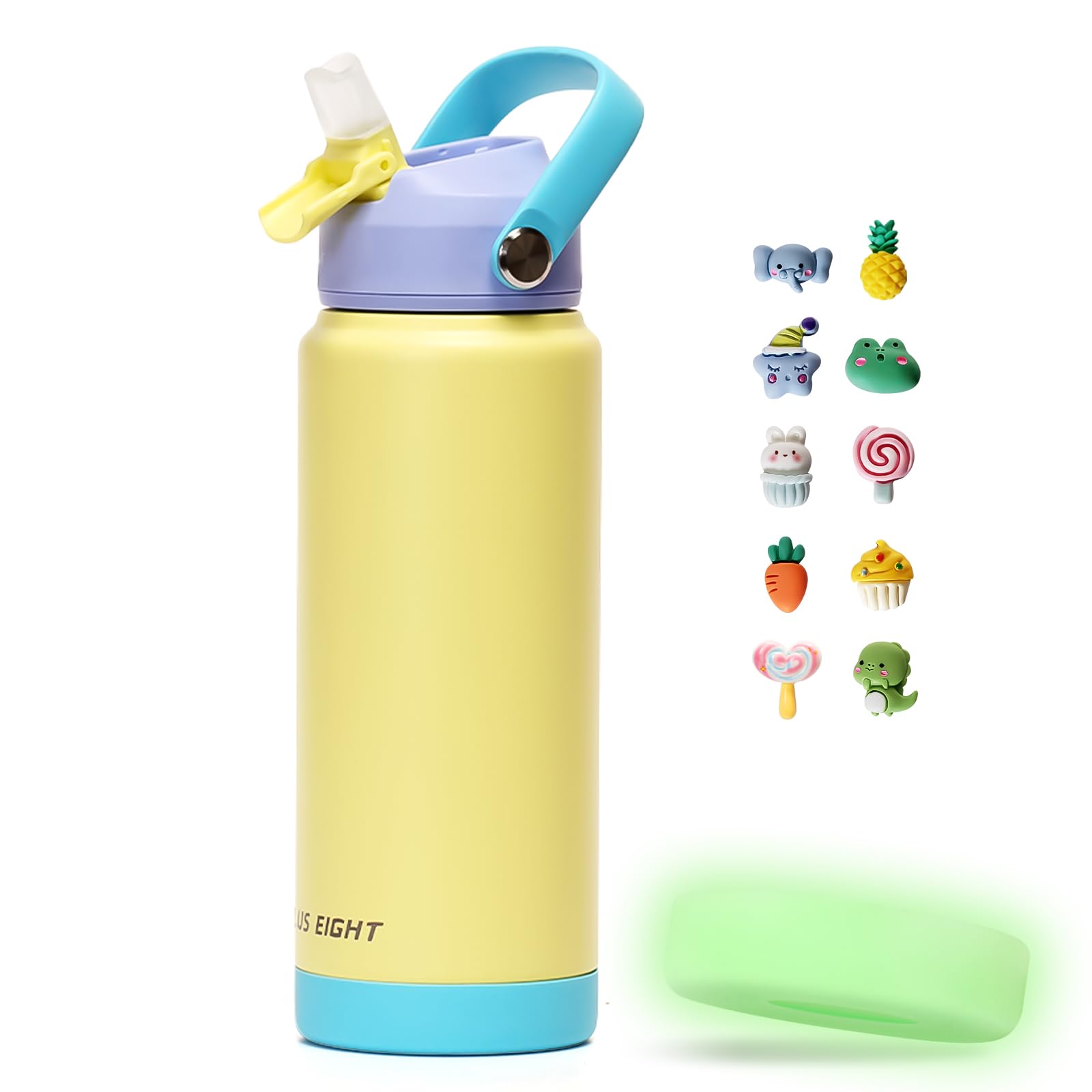 pluseight 750ml/24oz Water Bottle with Straw Lid, Stainless Steel Water Bottle Wide Fluorescent Coaster for Sports, Gym or Office, BPA-Free Keep Cold 24H Hot 12H (Yellow)