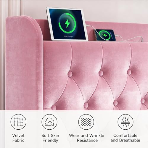 Image of koorlian Queen Bed Frame with Headboard, Adjustable Upholstered Platform Bed Frame with Type-C&USB Ports, Wingback Storage Headboard, Solid Wood Slats Support, No Box Spring Needed, Pink