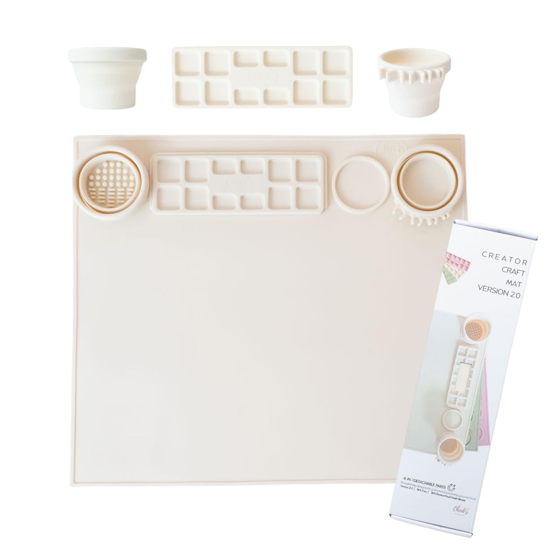 Silicone Craft Mat for Kids Painting – Creator Craft Mat V2.0 with Built-in Collapsible Brush Cleaning Cup | Nonstick Art Mat for Crafts, Resin, Clay &amp; Playdough | Cheek's Paper Room 15" x 17"-Oatmilk