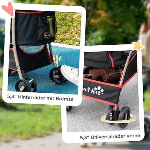 PawHut Hundewagen 2 in 1 Hundebuggy Faltbar klappbar Katzenwagen bis 10kg mit Aufbewahrungskorb, Kissen, Netzfenster, 360° drehbare Räder mit Bremse, Haustierbuggy für kleine Hunde, Rot