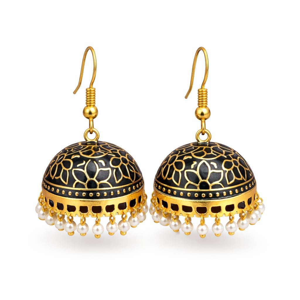 Shivomay Aradhna Jhumka Earrings, Gold Floral Etching, Pearl Droplets | Traditional Indian Ethnic Bridal & Festive Jewelry for Women | Lightweight Jhumki Earrings