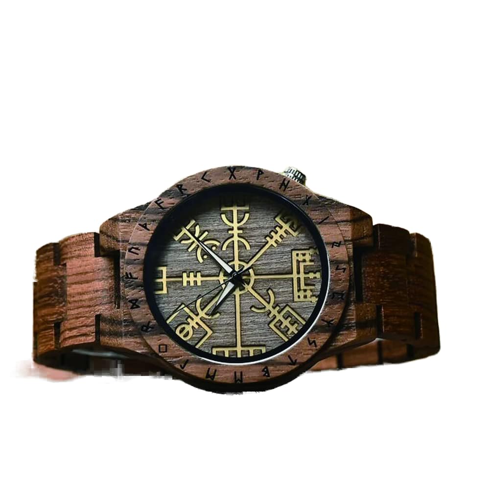 Wikinger Schmuck Herrenuhr,Gravuruhr Holzuhr, Runen Vegvisir Helm of Awe, Wikinger Armband | 1. Jahrestag Geschenk, Geburtstagsgeschenk