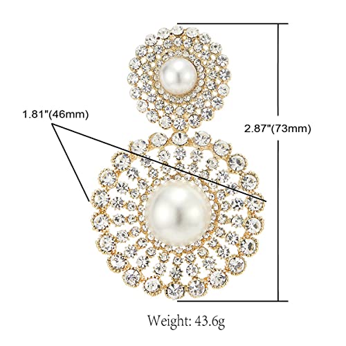 Wedding Rhinestone Synthetic Pearl Cluster Large Circle Flowers Long Drop Statement Earrings Elegant3